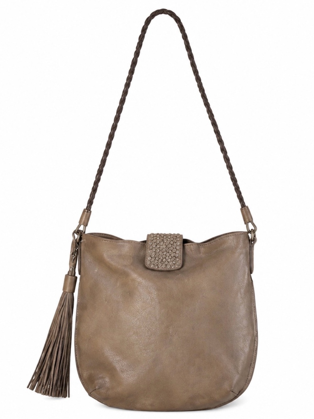Céline Dion Cadence Taupe Leather Tassel Hobo Shoulder Bag